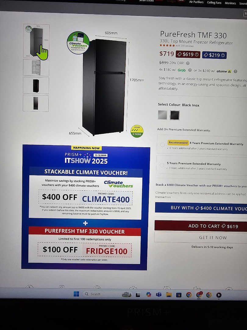 A screen displaying a PureFresh refrigerator product page with pricing, specifications, and promotional vouchers.