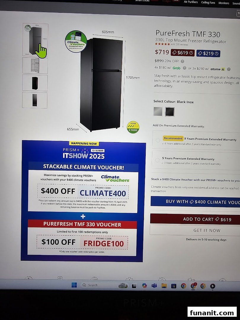 A screen displaying a PureFresh refrigerator product page with pricing, specifications, and promotional vouchers.