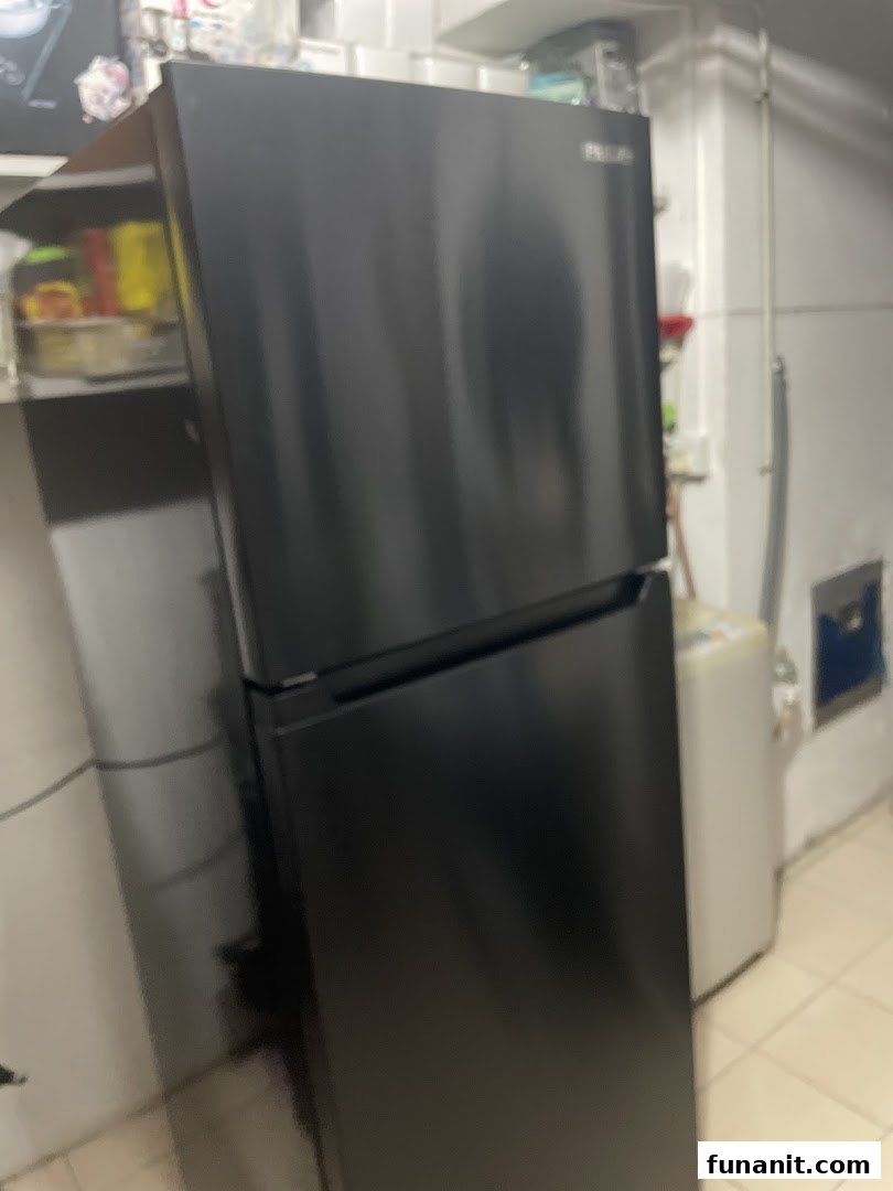 A black two-door refrigerator is seen in a utility or storage area, likely showcasing a product from PRISM.