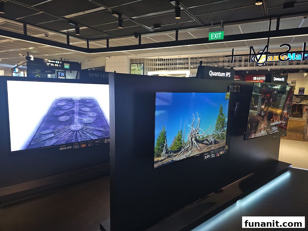 Interior view of PRISM Funan, showcasing large display screens with Mini-LED and Quantum IPS technologies.