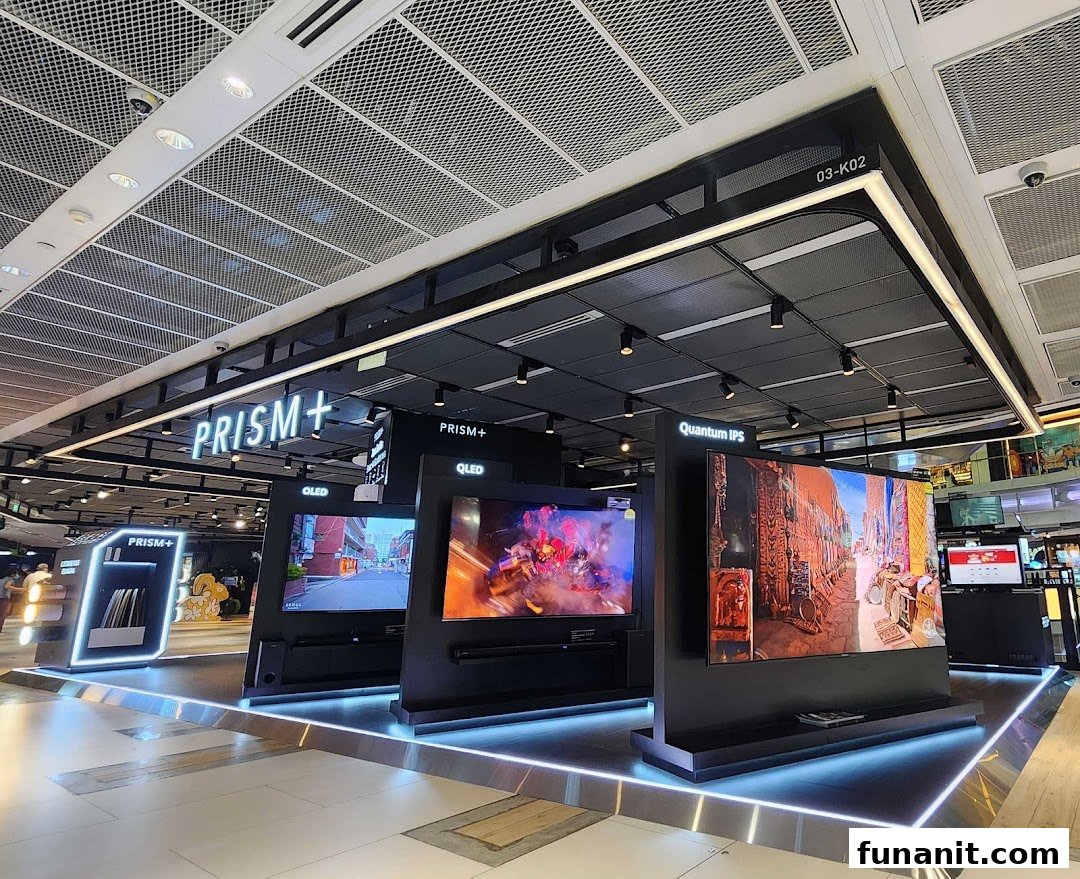 A vibrant display of large screens showcasing cutting-edge technology and visual content at PRISM+.