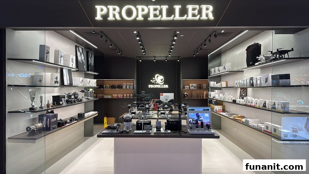 The storefront of Propeller - Funan, showcasing a wide array of drones, cameras, and tech gadgets.