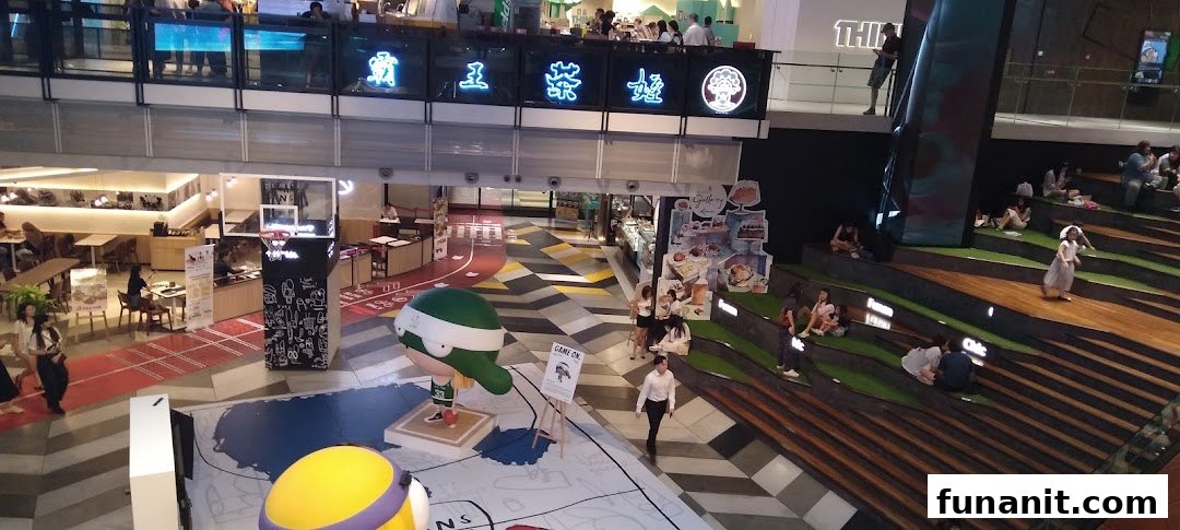 An overhead view of a vibrant multi-level mall interior featuring shops, seating areas, and a central display.