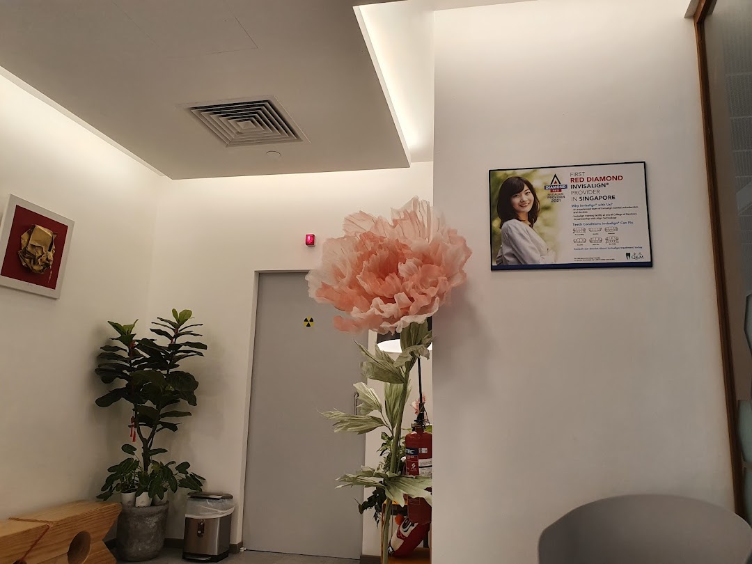 A modern dental clinic interior featuring a large paper flower, plants, and an Invisalign provider poster.