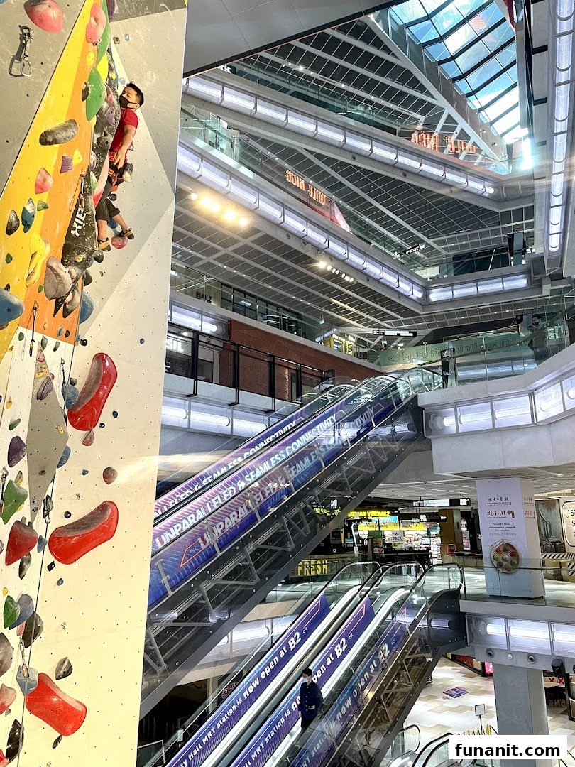 A person rock climbing on an indoor wall next to escalators in a modern multi-level shopping mall.