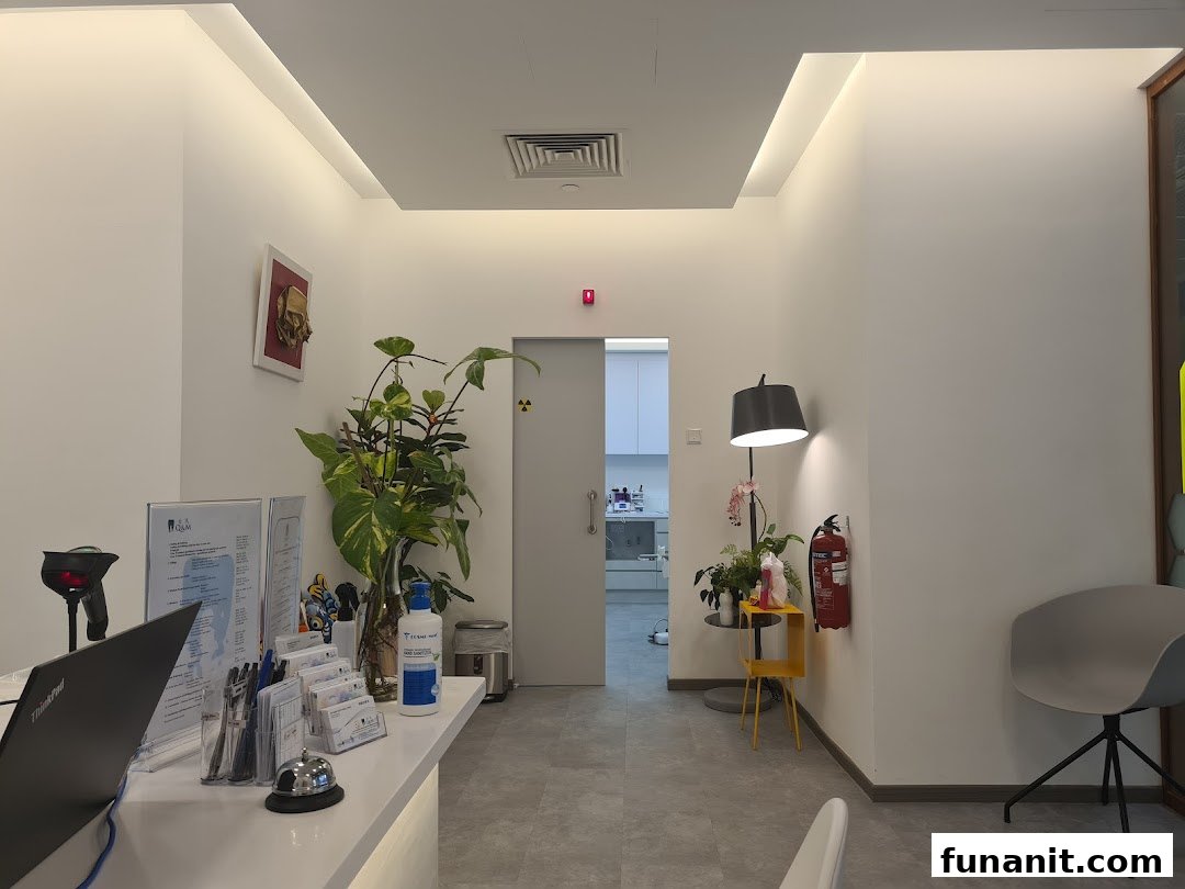 A clean and modern reception area of a dental clinic with a desk, plants, and seating.