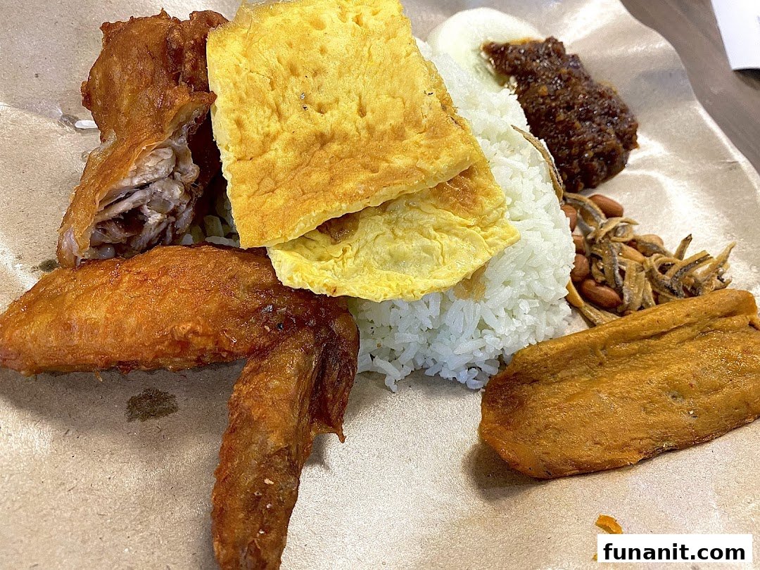 A close-up of a delicious Nasi Lemak set featuring fried chicken, fluffy rice, egg, sambal, anchovies, and peanuts.