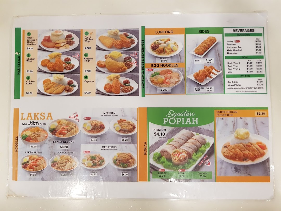 A comprehensive menu displaying various local dishes, noodles, sides, and beverages with prices.