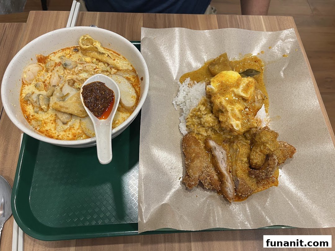 A vibrant bowl of laksa and a plate of curry chicken rice with egg, served on a wooden table.