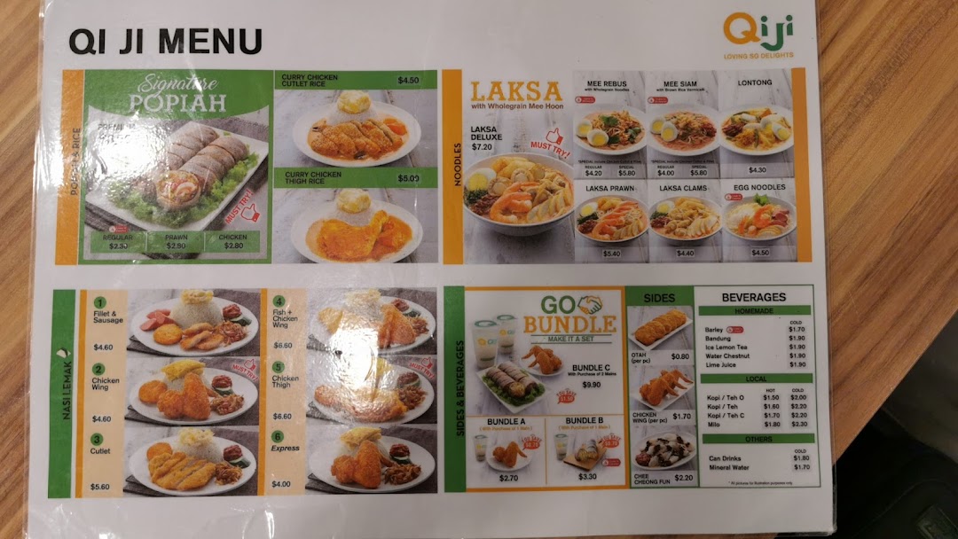 A detailed menu from Qi Ji, showcasing a variety of Singaporean delights including Laksa, Nasi Lemak, and Popiah.
