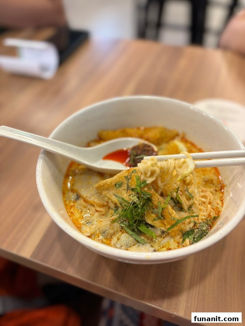 A close-up of a delicious bowl of noodles with rich broth, garnished with herbs and various toppings.
