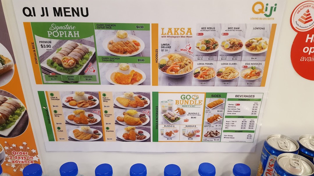 A detailed menu board for Qi Ji, showcasing various Singaporean delights like popiah, laksa, nasi lemak, and beverages.