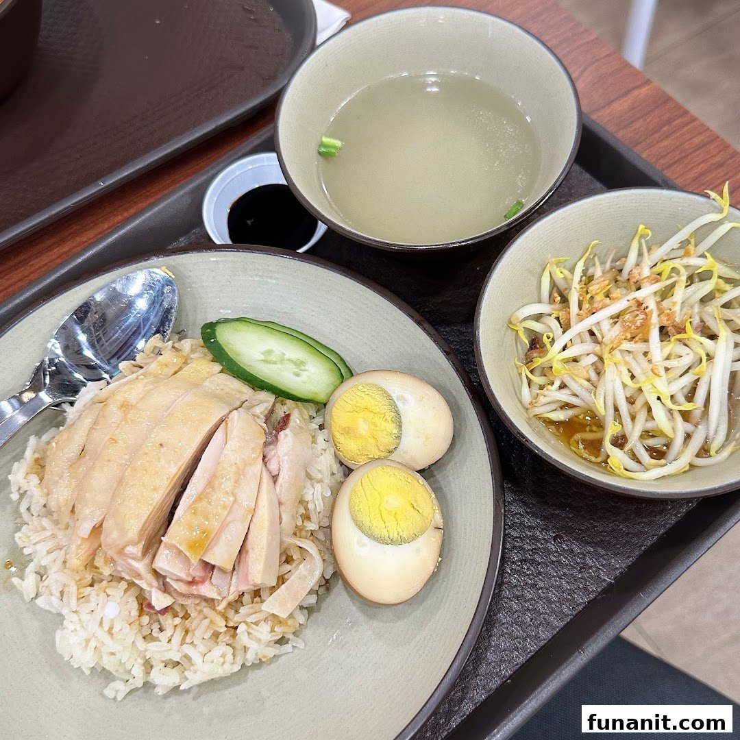 A plate of Hainanese chicken rice with eggs, bean sprouts, and clear soup.