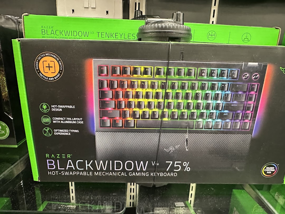 Close-up of a Razer BlackWidow V3 75% hot-swappable mechanical gaming keyboard box on display.