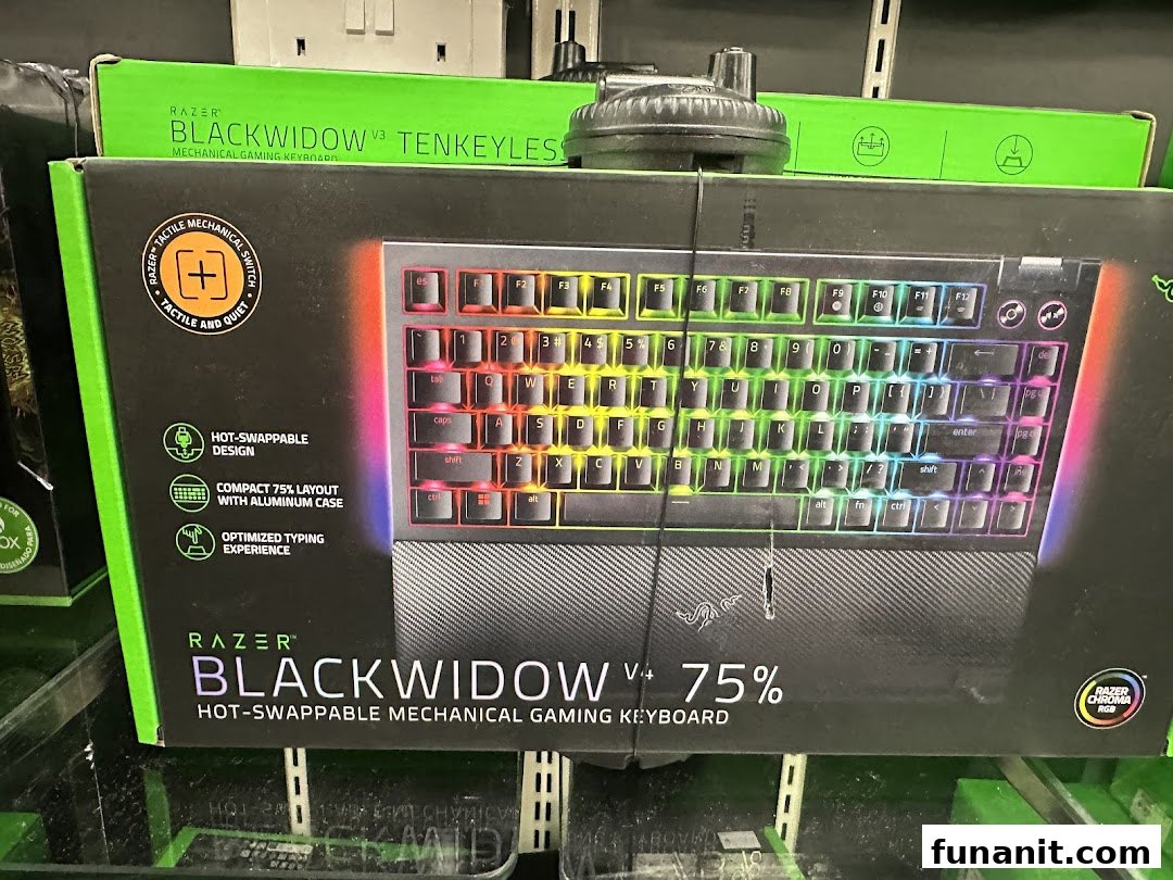 Close-up of a Razer BlackWidow V3 75% hot-swappable mechanical gaming keyboard box on display.