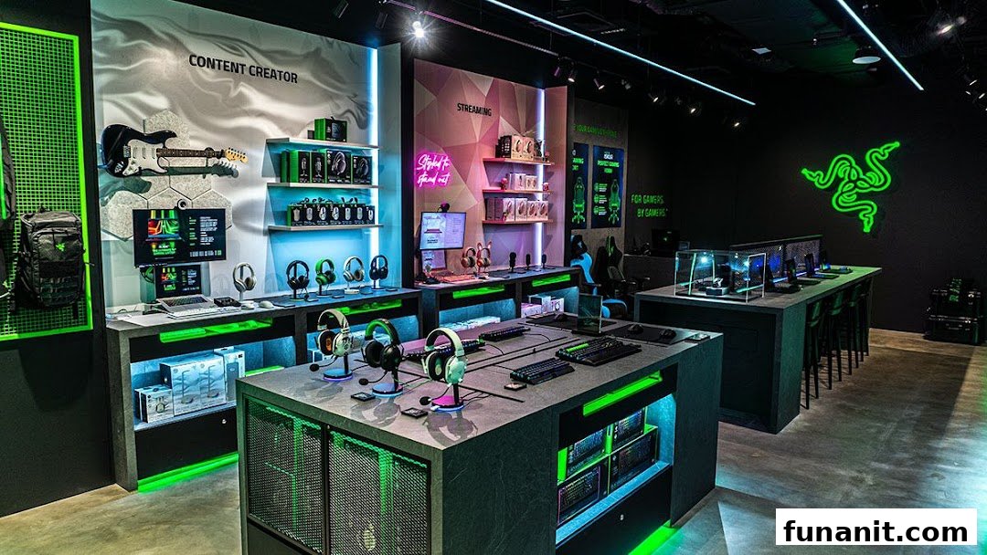 A vibrant interior view of RazerStore Funan, showcasing gaming peripherals, setups, and green lighting.