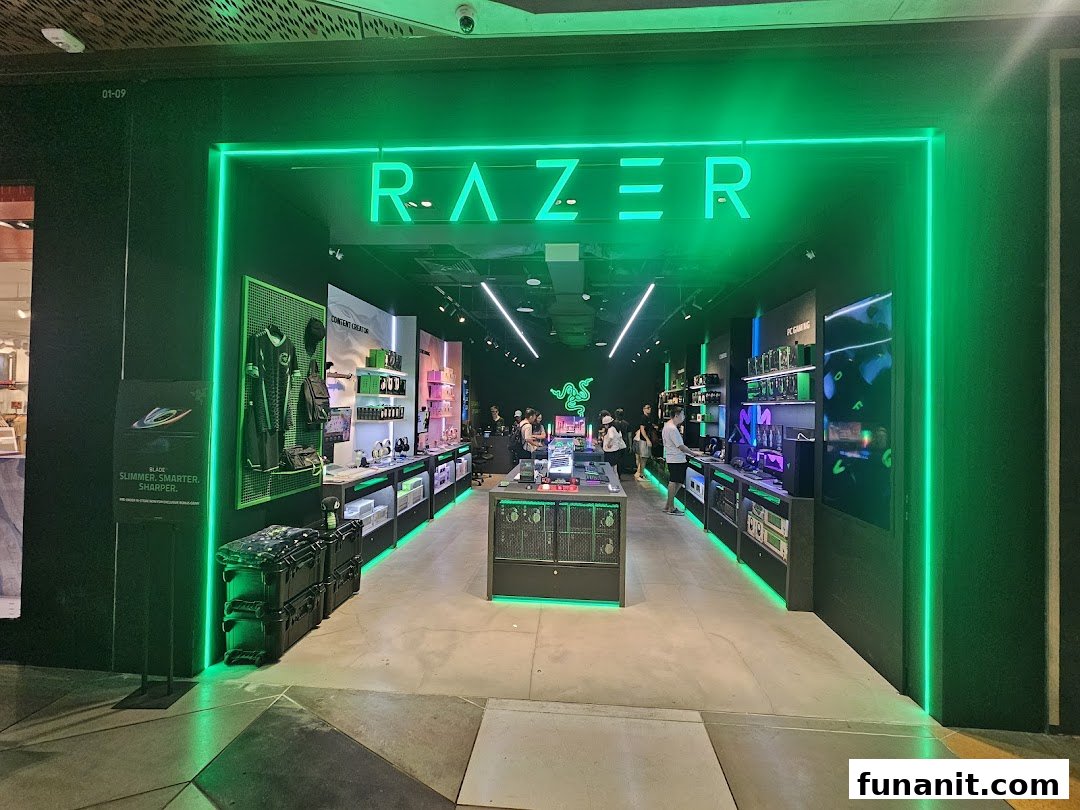 The vibrant green-lit entrance of RazerStore Funan, showcasing its modern interior and gaming products.