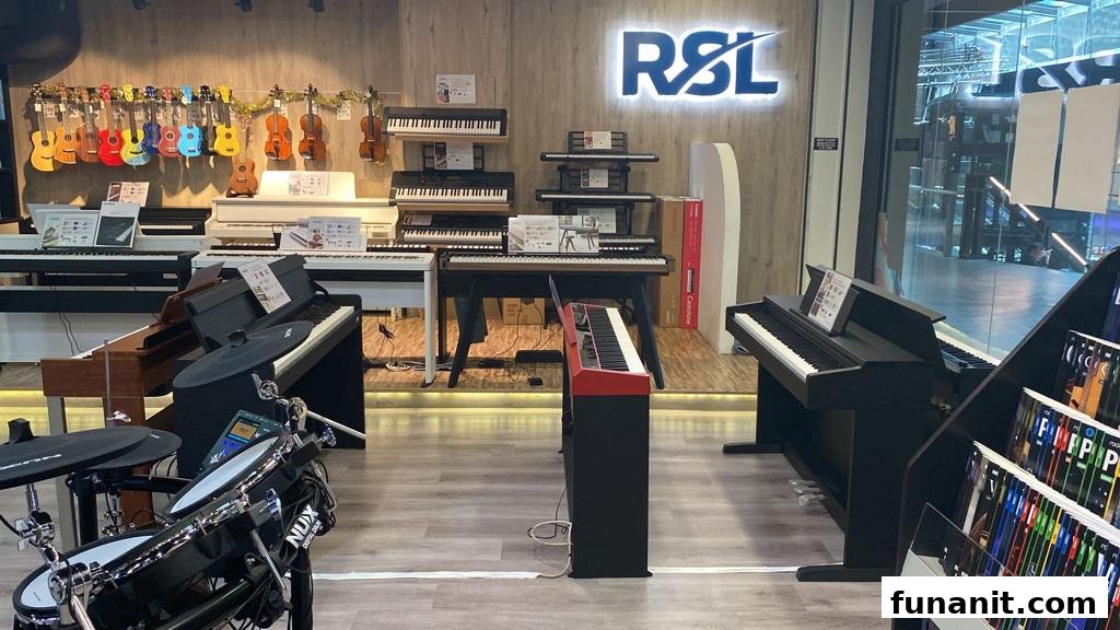 An interior view of Rockschool, RSL London, showcasing a wide range of musical instruments.