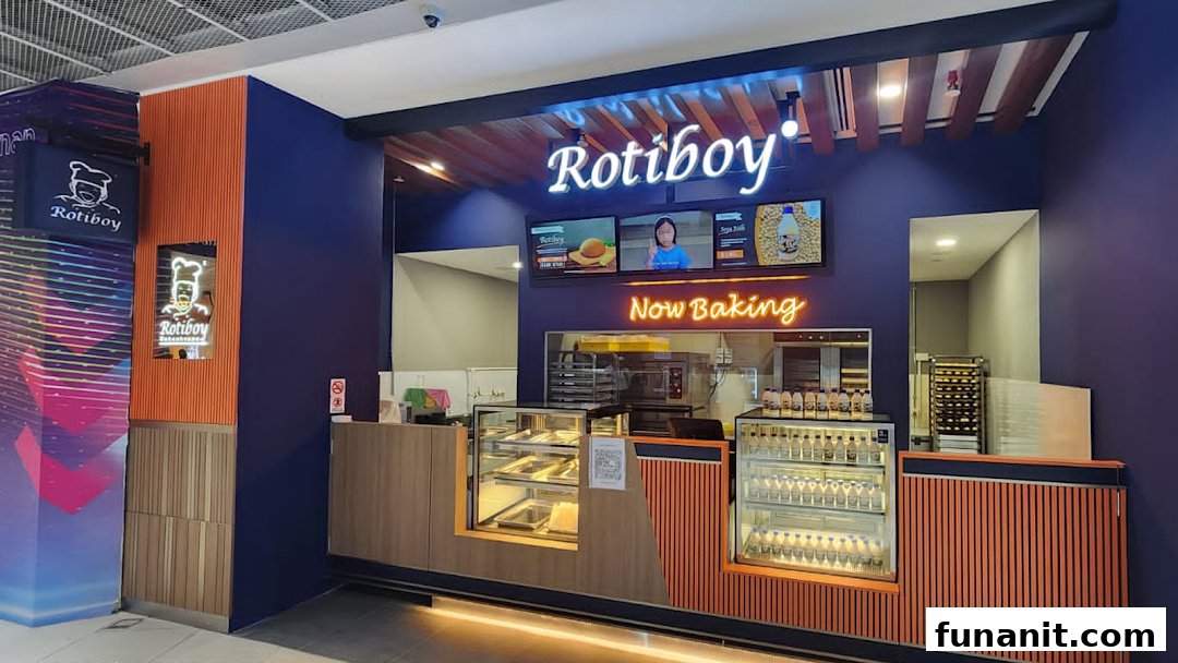 A vibrant Rotiboy shop front with a counter, display cases, and 'Now Baking' sign.
