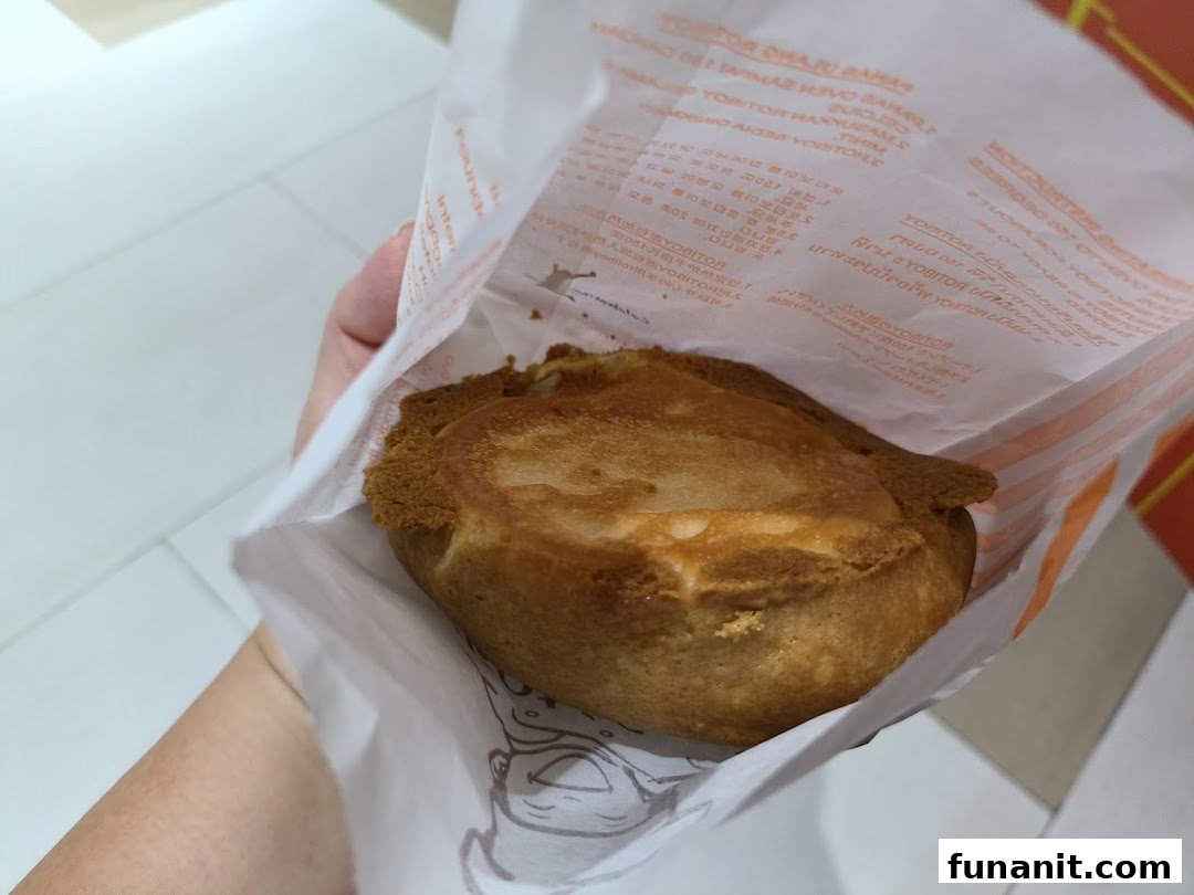 A hand holds a freshly baked Rotiboy bun in its signature paper bag.