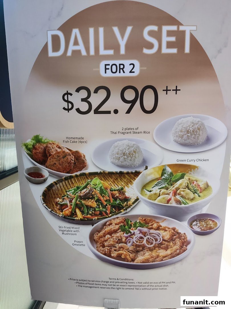A promotional poster for Sanook Kitchen's 'Daily Set For 2' featuring Thai dishes and pricing.
