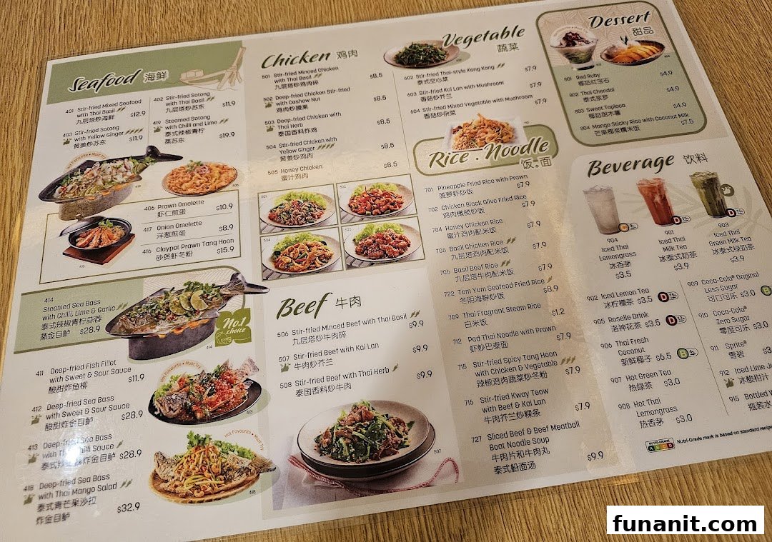 A comprehensive menu from Sanook Kitchen, showcasing a wide array of Thai dishes and beverages.