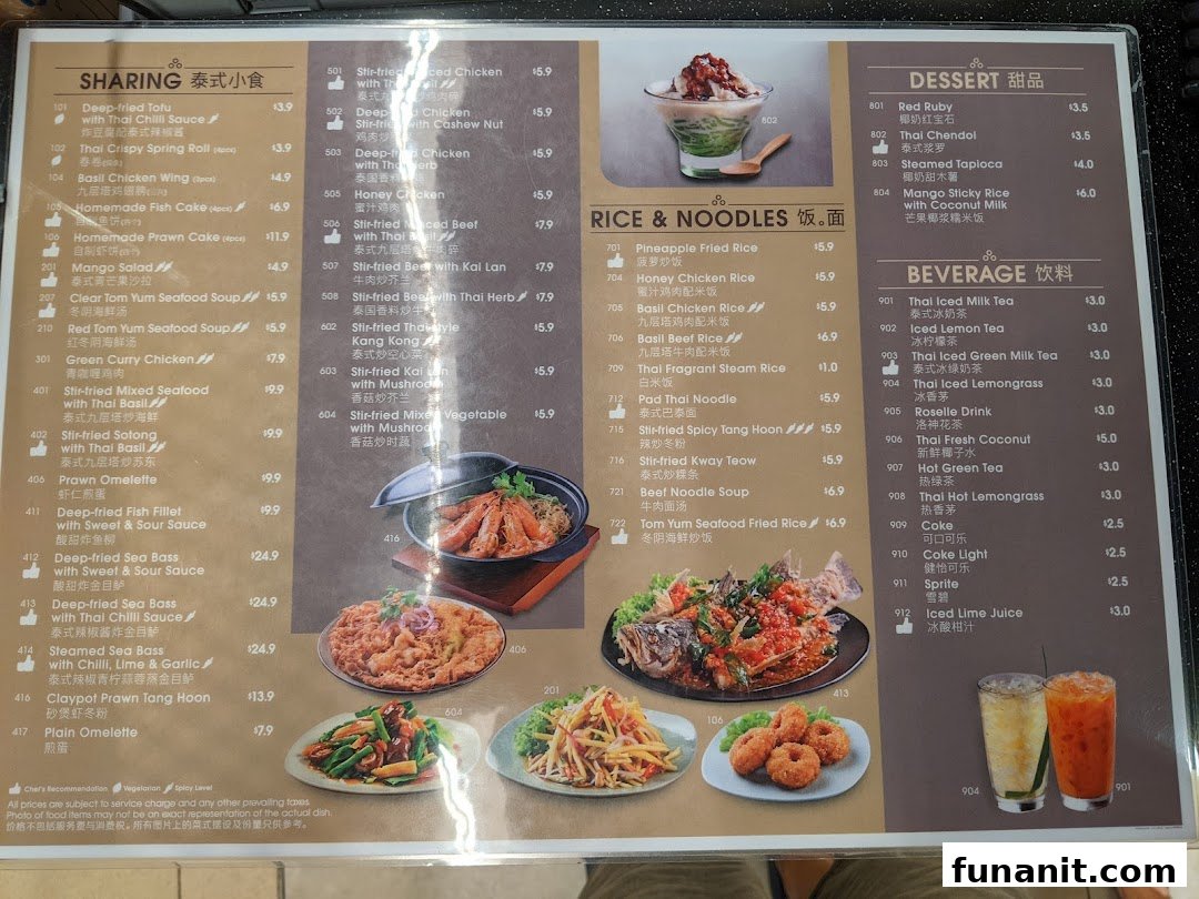 A comprehensive menu board from Sanook Kitchen, displaying various Thai dishes, desserts, and beverages with prices.