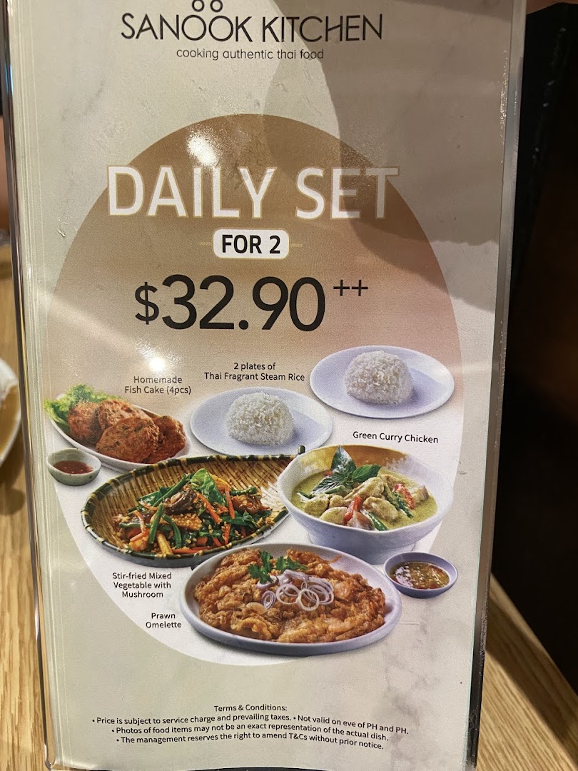 A menu displaying Sanook Kitchen's 'Daily Set for 2' with Thai dishes and pricing.