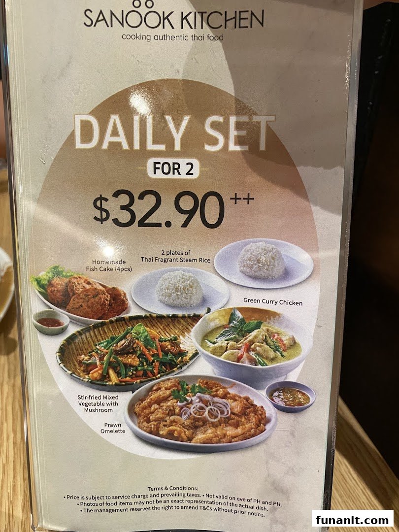 A menu displaying Sanook Kitchen's 'Daily Set for 2' with Thai dishes and pricing.