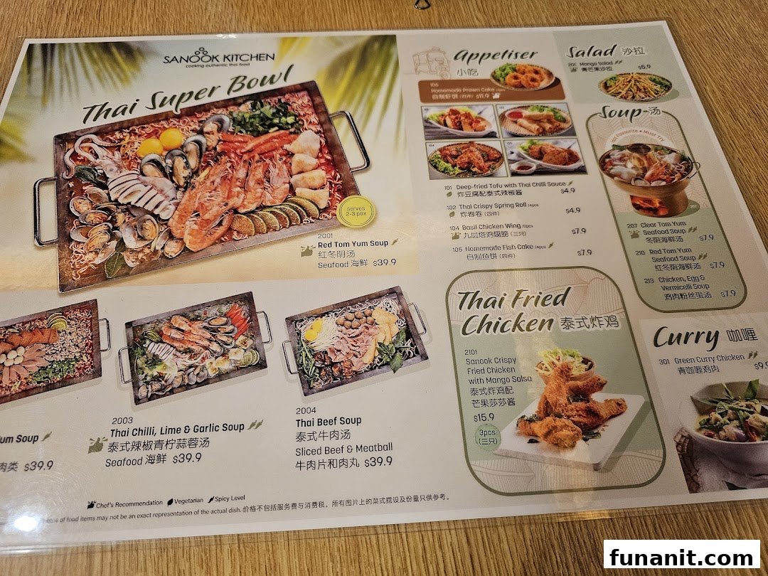 A vibrant menu displaying various Thai dishes, including a large 'Thai Super Bowl' and appetizers.