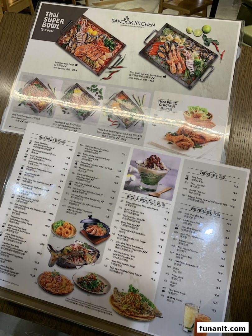 A detailed menu from Sanook Kitchen, showcasing Thai super bowls, sharing plates, rice, noodles, desserts, and beverages.
