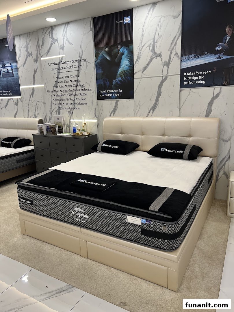 An interior view of Sealy Sleep Boutique showcasing a premium mattress display with promotional posters.