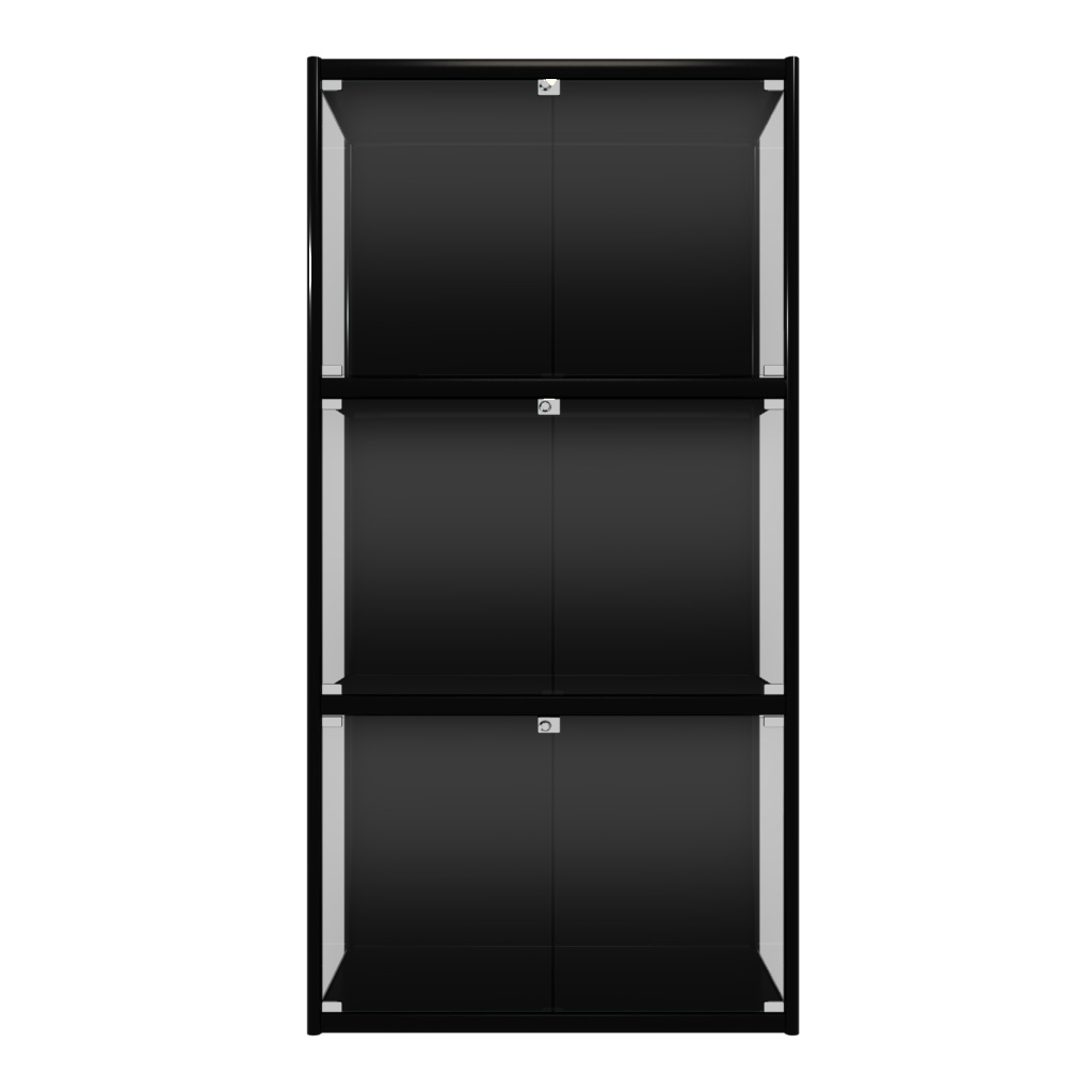 A sleek black three-tier display cabinet with glass doors, ideal for showcasing collectibles.