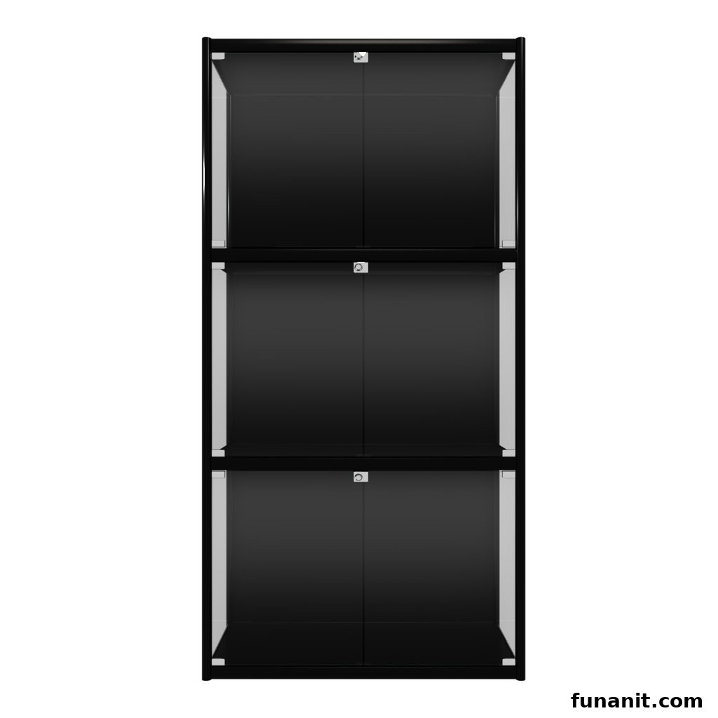 A sleek black three-tier display cabinet with glass doors, ideal for showcasing collectibles.