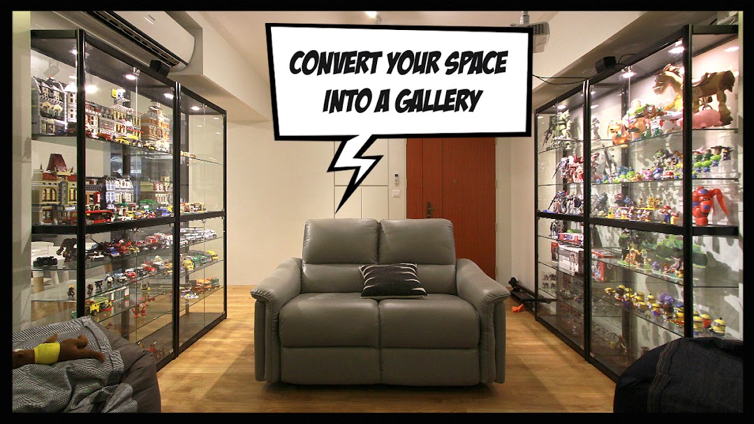 Interior shot with display cases full of collectibles, a sofa, and a speech bubble promoting space conversion.