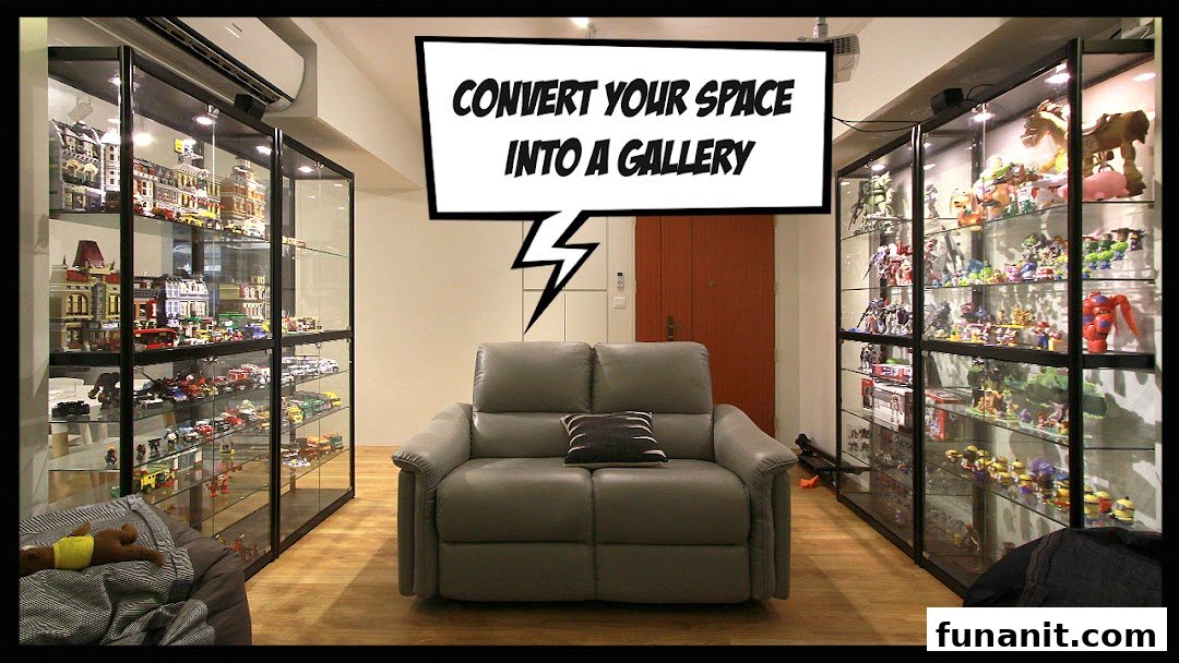Interior shot with display cases full of collectibles, a sofa, and a speech bubble promoting space conversion.