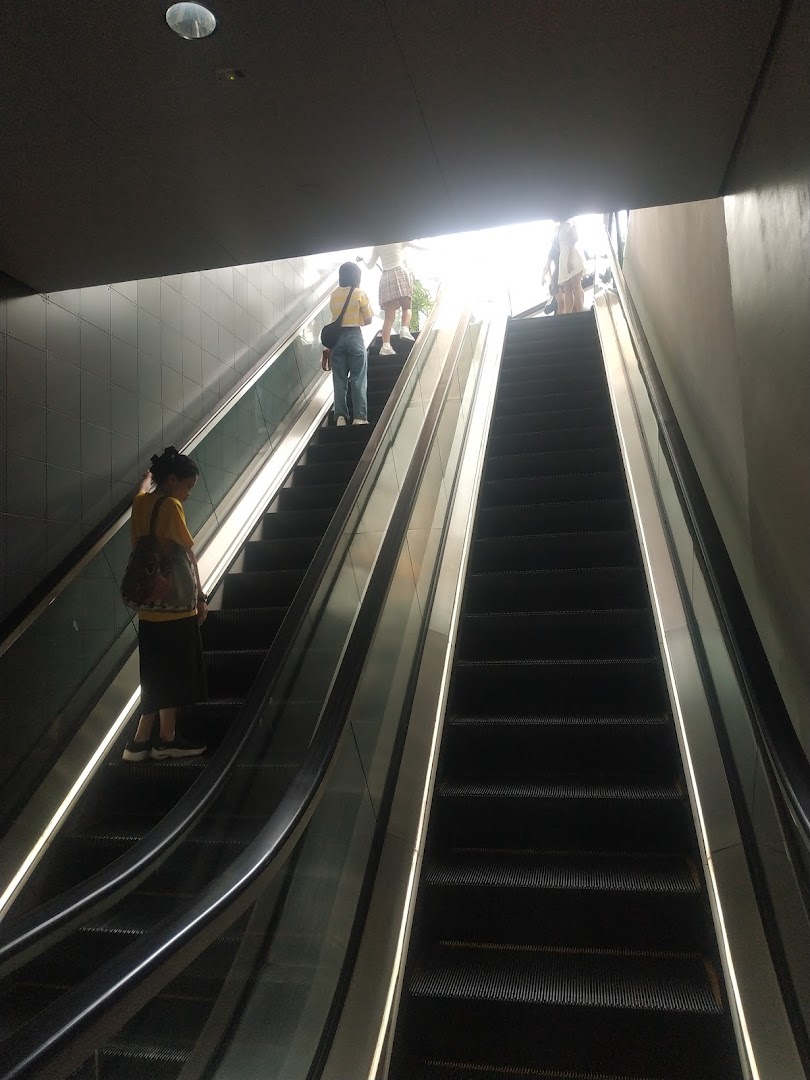 People ascend escalators towards a bright light, indicating movement within a modern building.