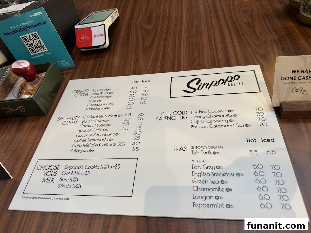 A menu from Sinpopo Coffee displaying various hot and iced beverages, including coffees, teas, and quenchers.