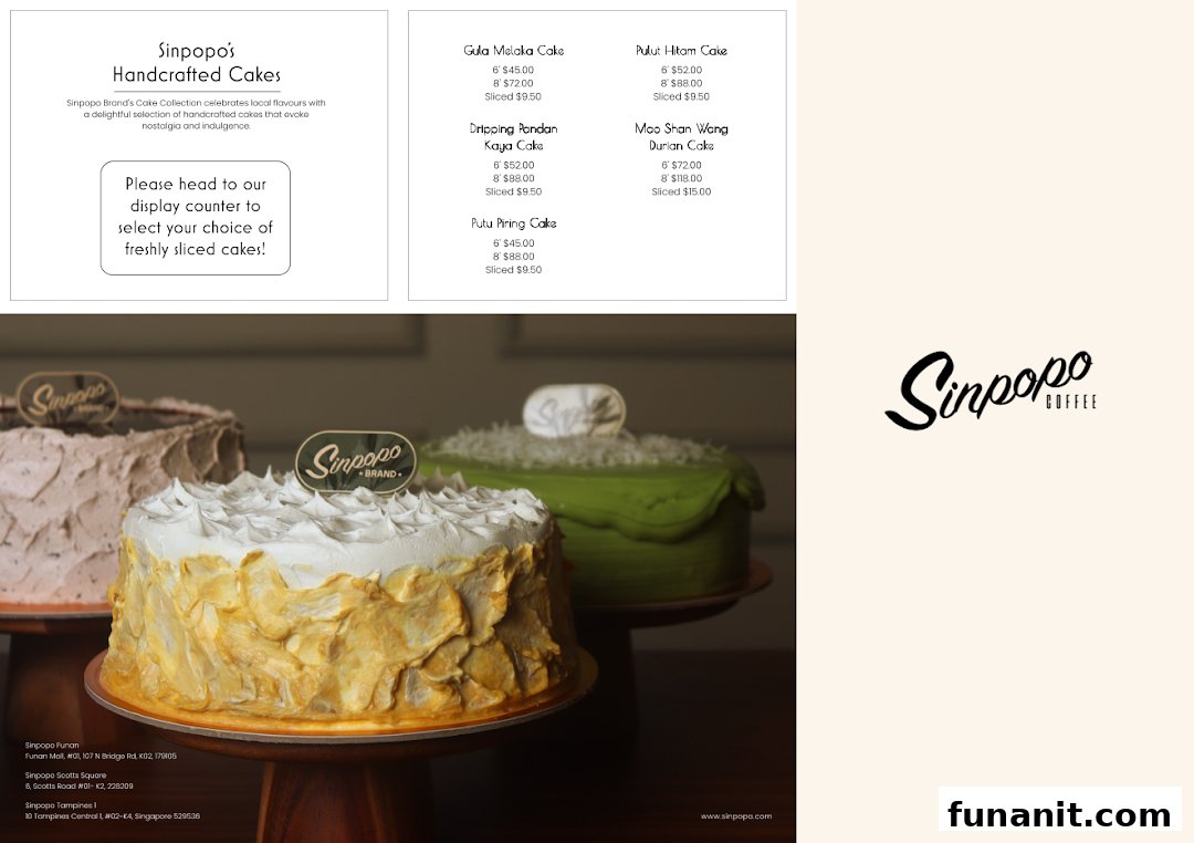 A display of Sinpopo's handcrafted cakes alongside their menu with prices and descriptions.