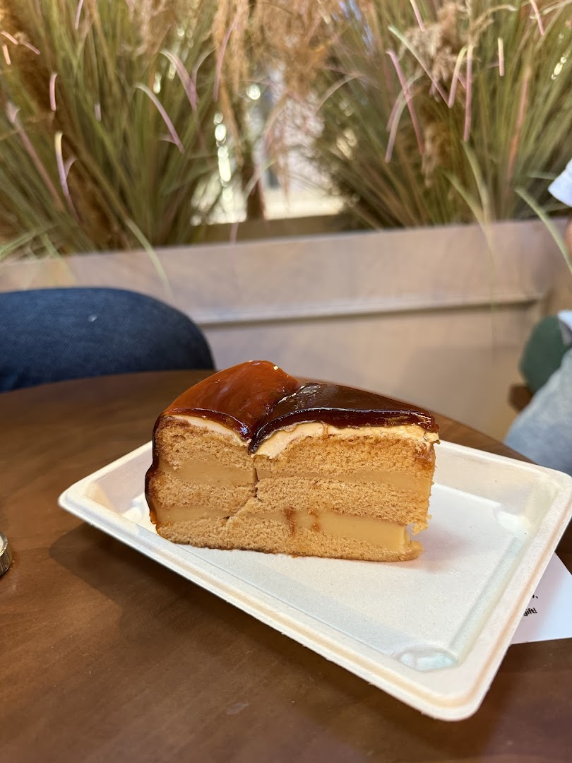 A delicious slice of layered cake with caramel topping served on a white plate.