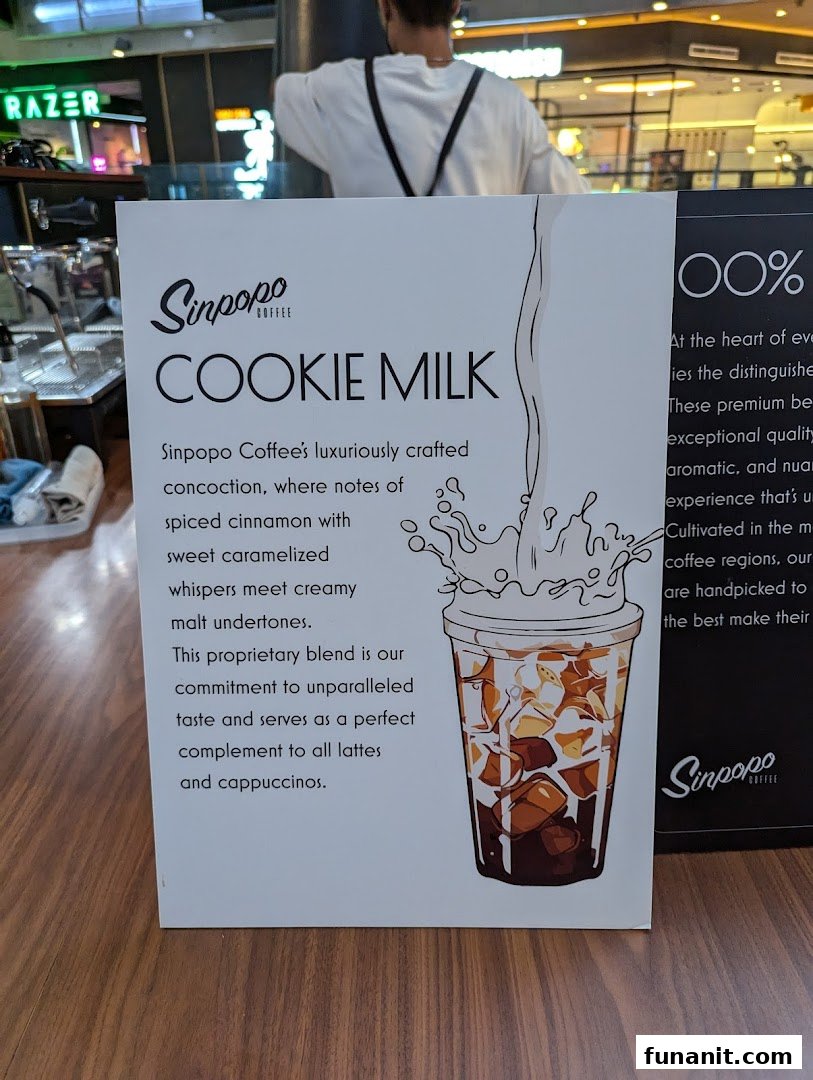 A Sinpopo Coffee display board detailing their unique 'Cookie Milk' beverage.