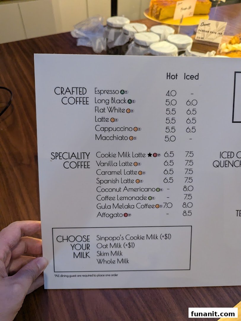 A detailed menu displaying coffee and specialty drink options with prices.