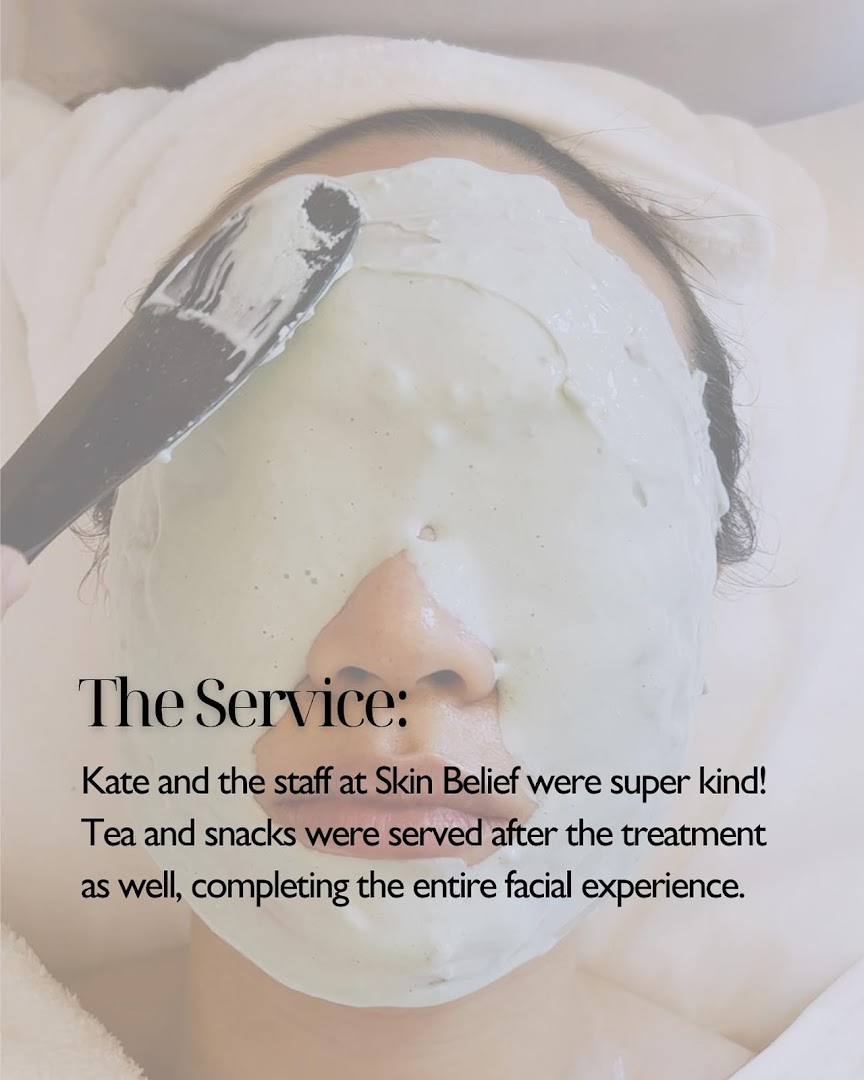 A person receiving a facial treatment with a mask applied, highlighting the service experience at Skin Belief.