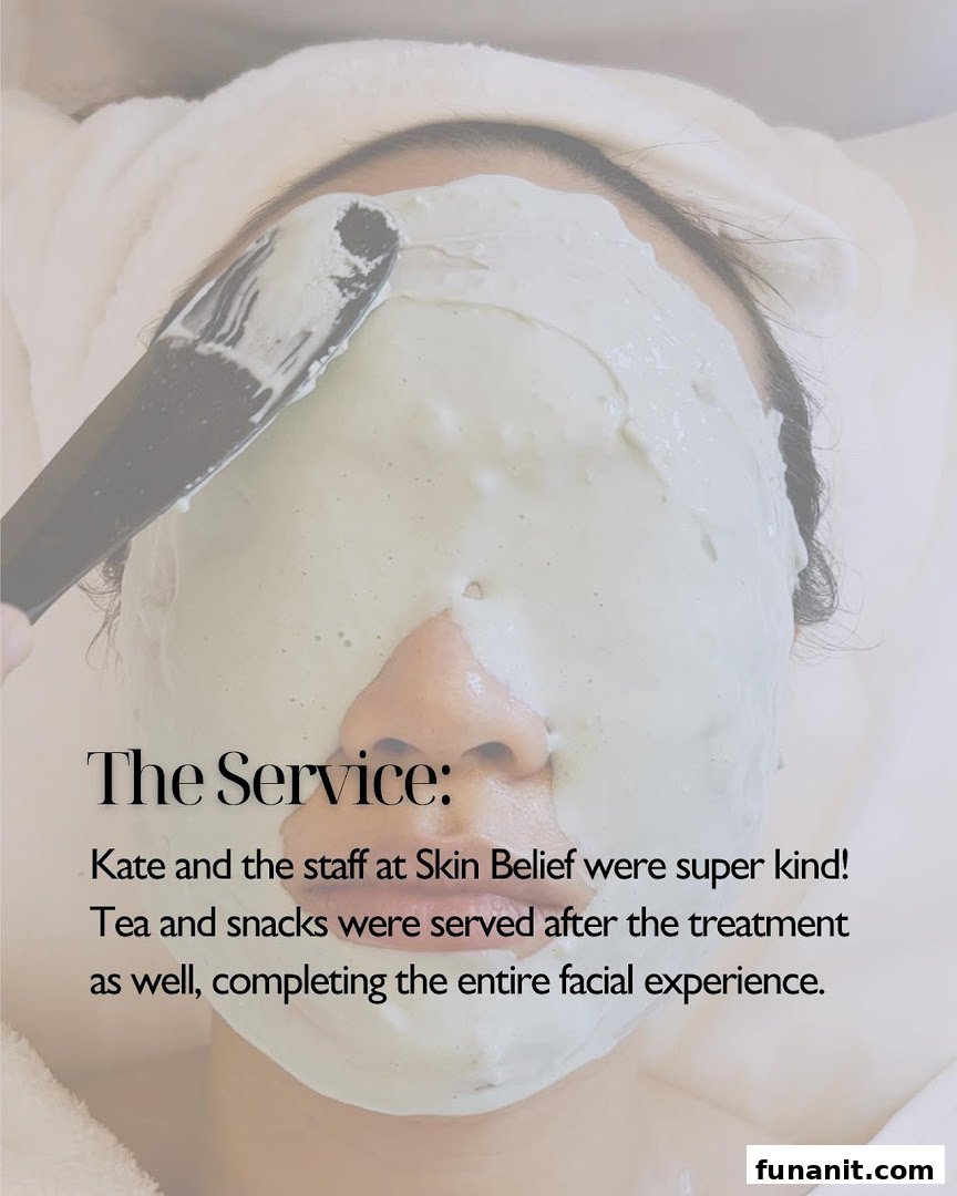 A person receiving a facial treatment with a mask applied, highlighting the service experience at Skin Belief.