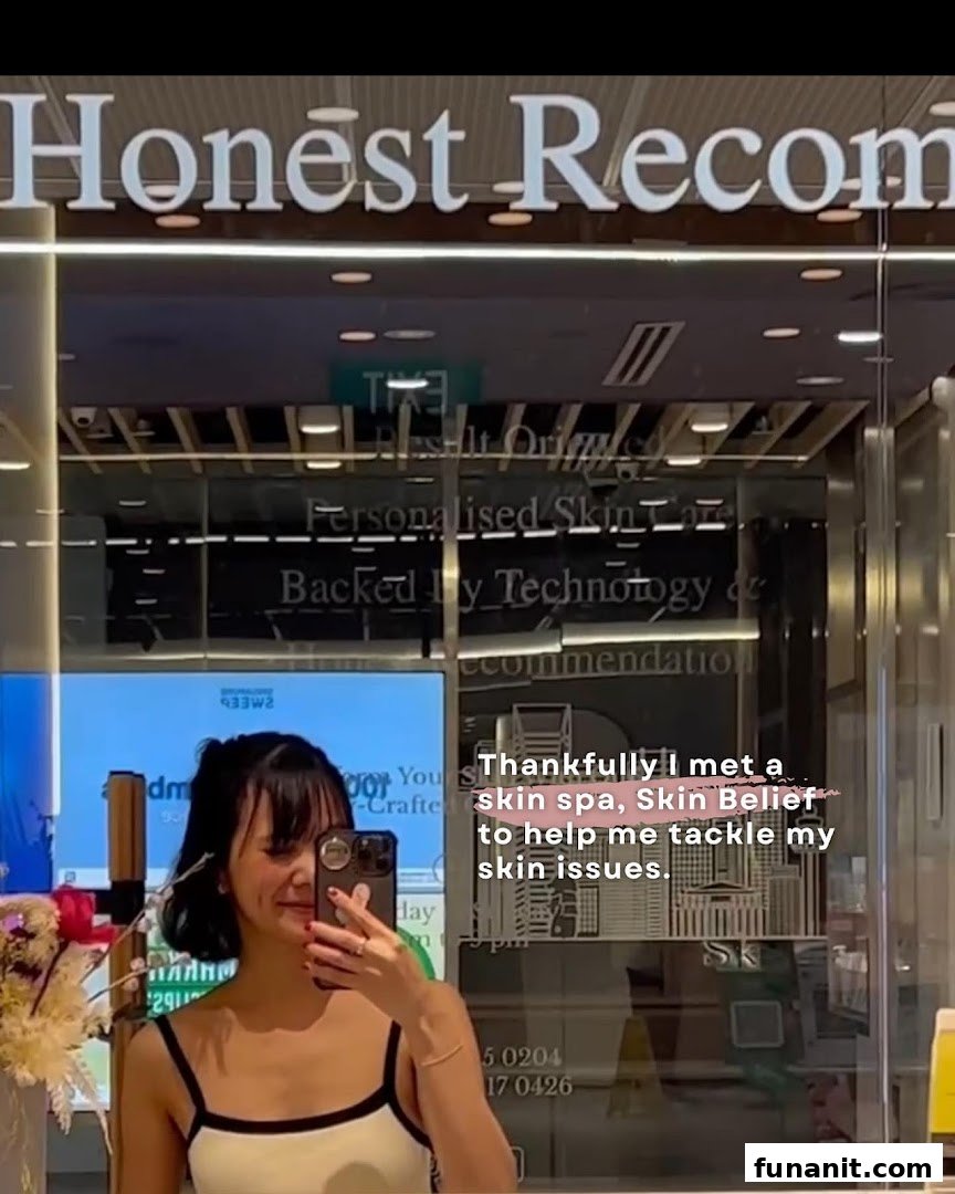A person takes a selfie in front of the Skin Belief shop entrance, showcasing its modern facade.