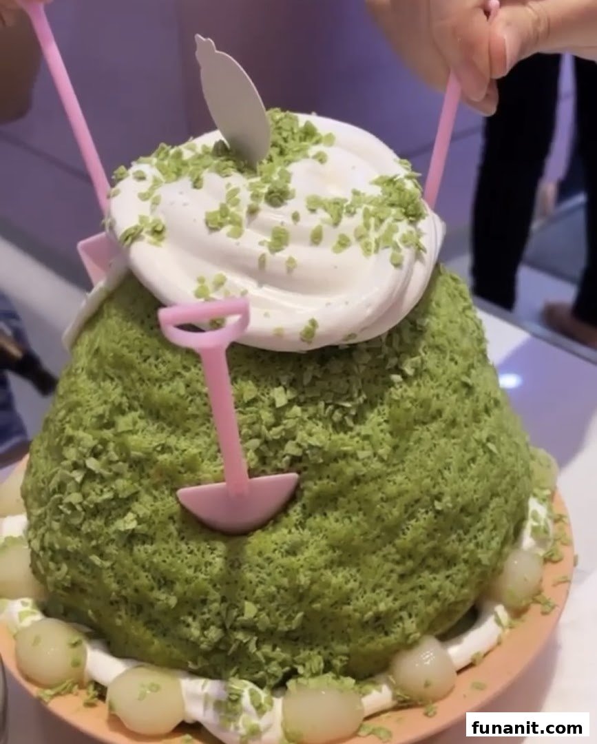 A large matcha-flavored shaved ice dessert topped with whipped cream and green sprinkles, served with small mochi.