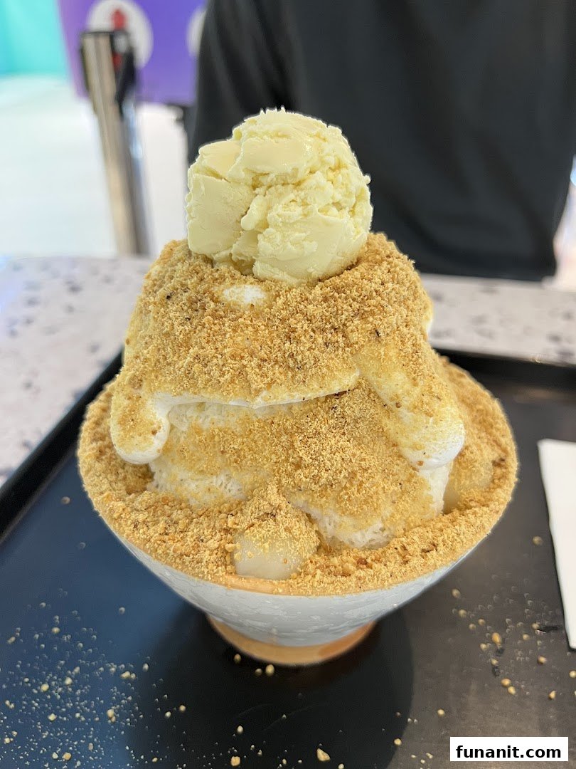 A large bowl of shaved ice dessert topped with ice cream, peanut powder, and mochi.