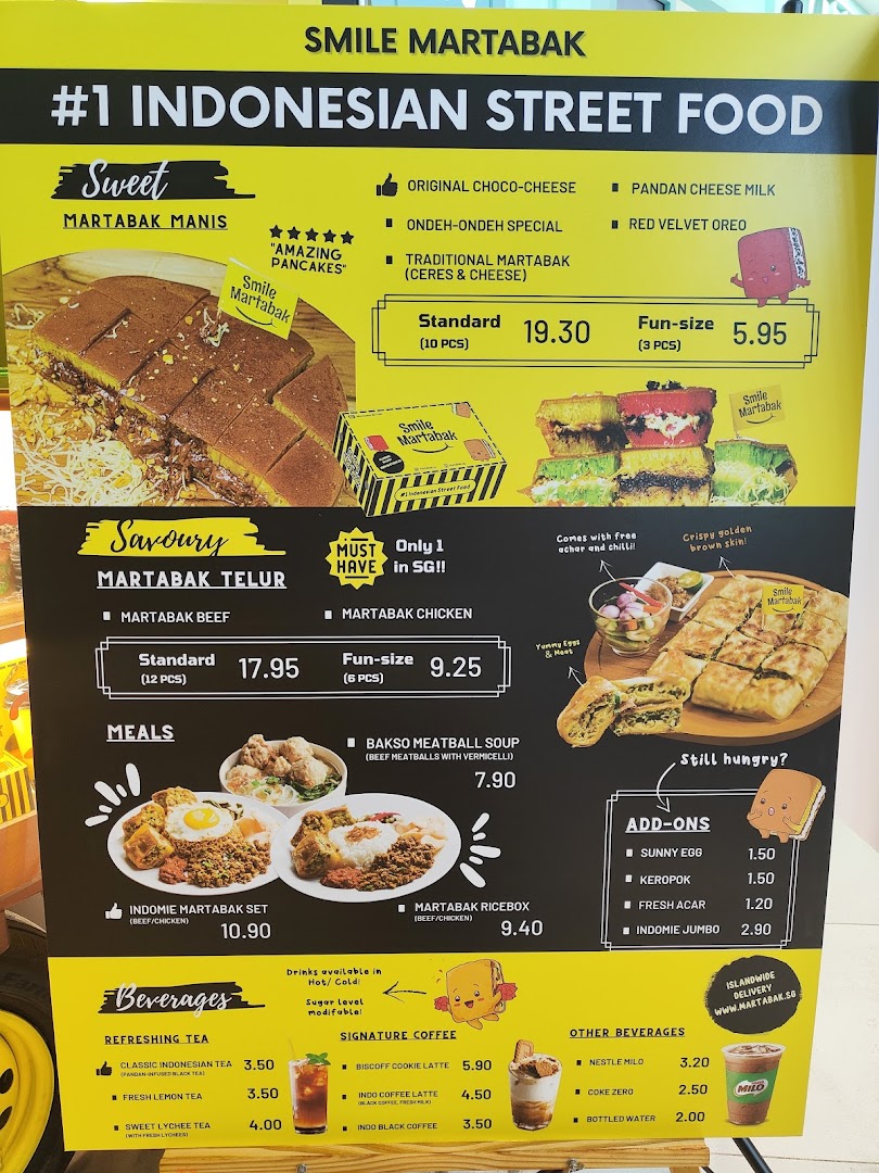 A vibrant menu board showcasing Indonesian street food, including sweet and savoury martabak, meals, and beverages.