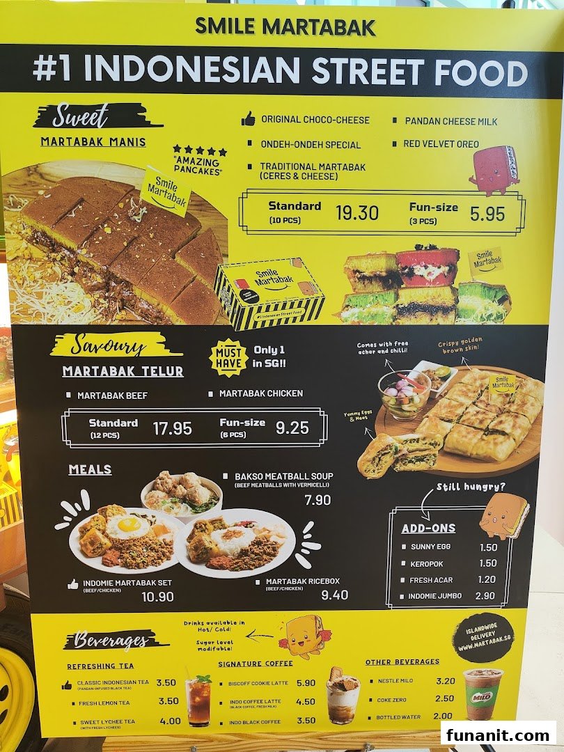 A vibrant menu board showcasing Indonesian street food, including sweet and savoury martabak, meals, and beverages.