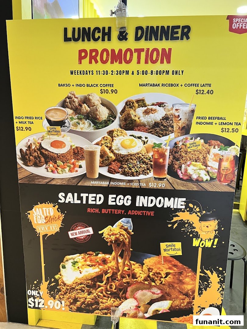 A promotional board displaying various Indonesian food and drink sets with prices and a special salted egg Indomie dish.